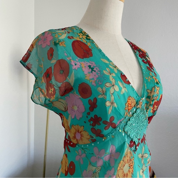 Vintage 1990s Y2K iCe Boho Fairy Floral SIlk Beaded Maxi Dress - Picture 3 of 12